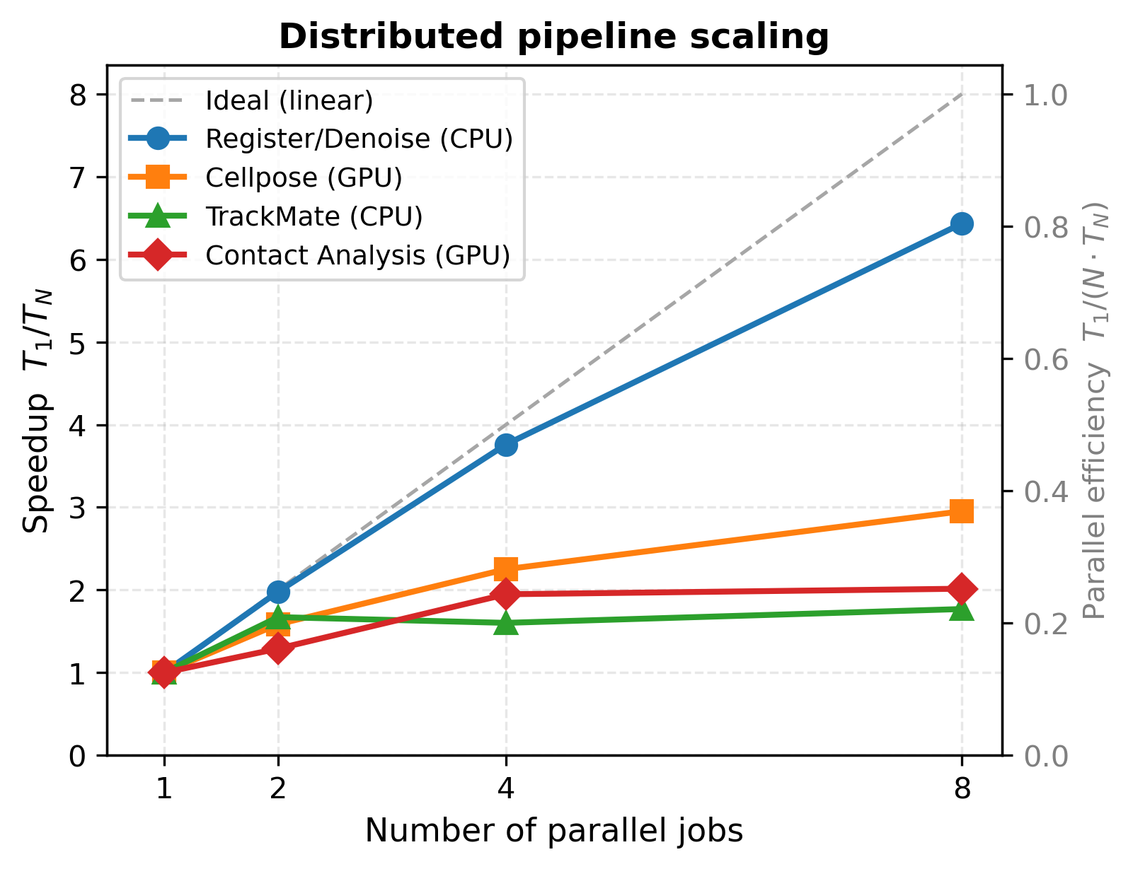 Speedup vs number of workers — all stages